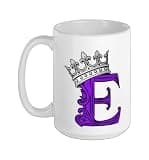 Purple Color Letter E Initial + Crown Purple Graphic Ceramic Mug, White, 15oz