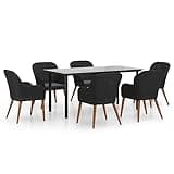 WRJENFSC 7 Piece Patio Dining Set, 63 Inch Tempered Glass Table and 6 Poly Rattan Chairs with Cushions, Solid Acacia Wood and Steel Frame Outdoor Garden Furniture for Backyard and Deck