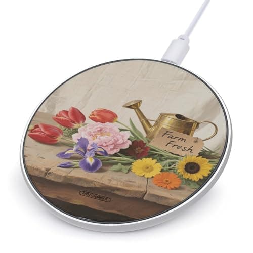 Farm Fresh Colorful Flowers Wireless Charger with USB Cable,Aluminum Alloy Frame 10W Max Compatible Fast Wireless Charging Pad- 3.2ft Cable Included for Travel Home Office Desk