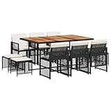 WRJENFSC 11 Piece Garden Dining Set, Outdoor Wicker Furniture with Acacia Wood Table, 6 Chairs and 4 Stools for Patio, Terrace and Backyard, Black and Cream White