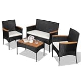 Shintenchi 4-Piece Patio Furniture Set, Outdoor Wicker Patio Conversation Furniture Set with Cushions and Wooden Tabletop for Paito Lawn Backyard Pool Garden, Black Rattan