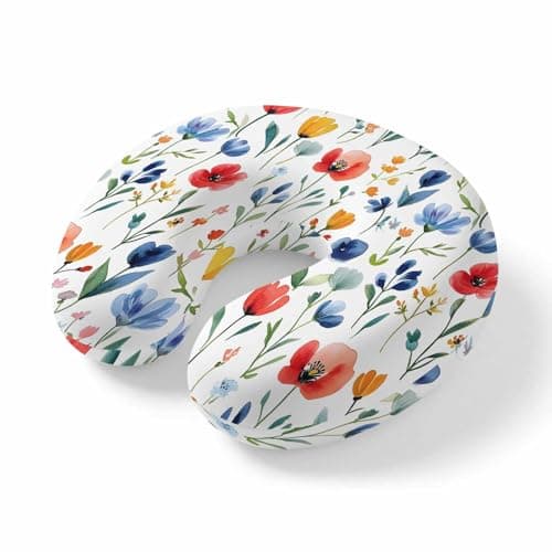 Colorful Poppies Travel Neck Pillow Memory Foam,Hand Neck Support Airplane Pillow for Traveling Bed Car Office Home,Orange Blue Flowers Leaves Portable Flight Pillows with Removable & Washable Cover