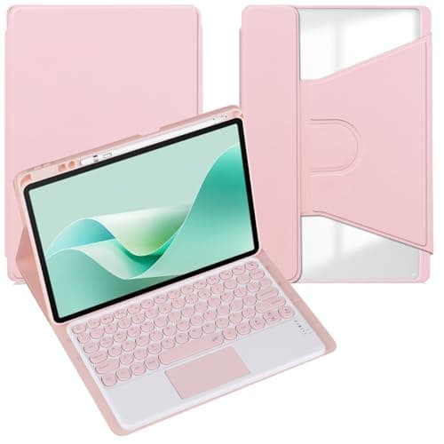 Case for Samsung Galaxy Tab S7/S8/S9 11inch Tablet,Detachable Wireless Bluetooth Round Keycap Keyboard 360Degree Rotating Acrylic Transparent Back Cover with Pen Holder (Pink,Touchpad)
