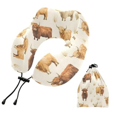 ZOEO Travel Pillow for Neck Head, Highland Cow Pattern Memory Foam Padding Sleeping Airplane Trains Cars Camping Office