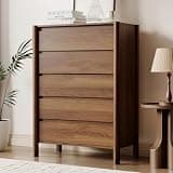 HOUROM 45" Tall 5-Drawer Dresser for Bedroom, Mid-Century Modern Chest with Solid Wood Legs, Concealed Handle,Large Wood Storage Organizer, Bedroom Storage,Walnut