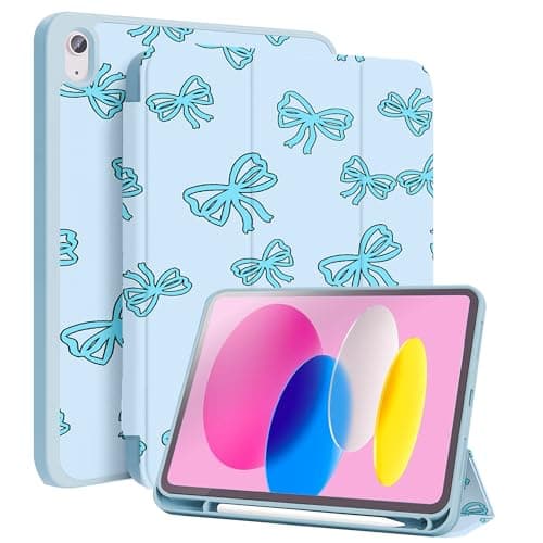 Lyfatz Case for iPad 11th (A16) 11-inch 2025/10th Gen 10.9-inch 2022, Blue Bow tie Cute Chic Adorable with Pencil Holder Trifold Stand Smart Cover with Soft TPU Back, Supports Touch ID- Light Blue Bow