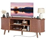 PRAISUN 54 Inch Fluted TV Stand for TVs up to 55 Inch, TV Media Console with Power Outlets and USB-C Port, Entertainment Center with Storage, Curved Sliding Doors, Adjustable Shelf, Brown
