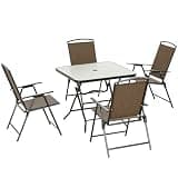 Calivox Patio Dining Set, 5-Piece Dark Brown Wicker Outdoor Table and Chairs with Foldable Design, Umbrella Hole and Bistro Furniture Set for Backyard Porch Deck Garden