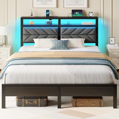 Seventable Bed Frame Full Size with Charging Station, LED Bed with Upholstered Storage Headboard, Metal Platform Bed with Under Bed Storage, No Box Spring Needed, Noise Free, Easy Assembly, Grey
