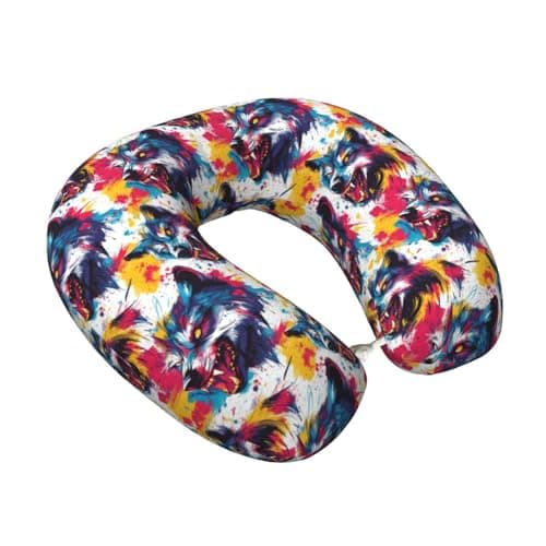 Watercolor Colored Wolf Print Travel Neck Pillow for Airplanes, Memory Foam Neck Pillow for Traveling/Sleeping, Travel Essentials Accessories for Women Men