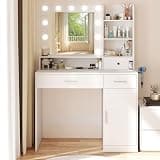 OLIXIS Makeup Vanity with Mirror, LED Lights and Power Outlet Small Space Vanity Desk with 2 Drawers, Storage Cabinet & Shelves, 3 Adjustable Lighting, Dressing Table for Bedroom, White