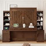 Brabrety Queen Size Murphy Bed with Desk & Storage,Wood Wall Bed with for Apartments Bedroom Home Office Studio (Espresso#B1, Queen)