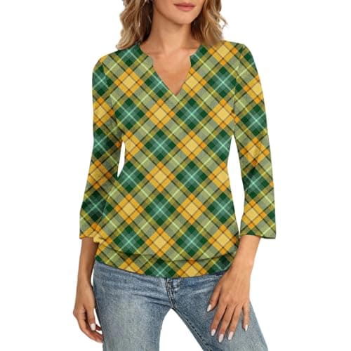 Oversized Tshirts for Women 3/4 Length Sleeve Womens Tops V Neck Banded Hem Plus Size Tops Plaid Workout Elbow Sleeve Summer Clothes for Women Yellow S