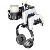 KDD 5 in 1 Desk Controller Holder - Rotating Headphone Hanger with Cup Holder - Clamp On Desk Organizer Holds Controller, Headphone, Cup, Mobile Phone and Pen(Black)