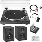 Audio-Technica Consumer AT-LP60XBT Stereo Turntable with Bluetooth (Black) Bundle with Record Cleaning Tool & Record Cover Stand + 2-Way Active 3" Monitors with Bluetooth (Pair) + Cloth (4 Items)