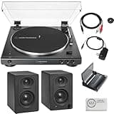 Audio-Technica Consumer AT-LP60XBT Stereo Turntable with Bluetooth (Black) Bundle with Record Cleaning Tool & Record Cover Stand + 2-Way Active 3" Monitors with Bluetooth (Pair) + Cloth (4 Items)