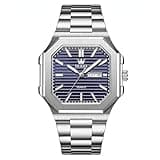 OLEVS Men's Elegant Watch Blue Textured Dial, Durable Stainless Steel Silver Watch for Men, Luminous Hands Water Resistant Day Date Watch, Modern Chic Octagon Style, Executive Watch for Daily Style