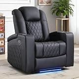 ANJ Home Theater Seating Power Recliner with Hidden Arm Storage, Faux Leather Recliners with LED Light, Electric Movie Reclining Chairs with USB Ports & Cup Holders for Media Living Room, Black
