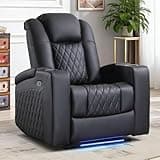 ANJ Home Theater Seating Power Recliner with Hidden Arm Storage, Faux Leather Recliners with LED Light, Electric Movie Reclining Chairs with USB Ports & Cup Holders for Media Living Room, Black