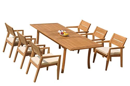 WholesaleTeakFurniture Grade-A Teak Wood 6 Seater 7 Pc Dining Set: 94" Double Extension Rectangle Table and 6 Vellore Stacking Arm Chairs #21VL2007