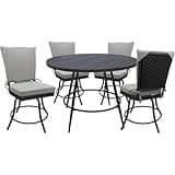 Pemberly Row 5-Piece Patio Dining Set, 42 in Round Table, Powder-Coated Gray Aluminum Frame, Armless Swivel Chairs with Removable Cushions, White Linen & Gray Finish, Indoor/Outdoor Use