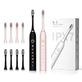 SUNPRO 2 Pack Sonic Electric Toothbrush, 6 Modes Deep Clean, Rechargeable Brush for Adults, Come with 8 Heads (Black+Pink)