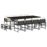 WRJENFSC 13 Piece Garden Dining Set, 12 Seater Outdoor Patio Furniture with Black Poly Rattan Table and Stackable Chairs, Tempered Glass Top and Cushions for Backyard and Terrace