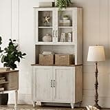 WAMPAT 72" Tall Bookcase with Glass Doors & Wood Cabinets, Large Farmhouse Display Book Shelf with Bar Cabinet, Library Wood Bookshelves for Living Room,Kitchen, Rustic White