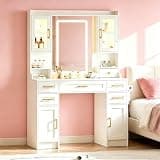 YBXGO Makeup Vanity with Dimmable LED Light Mirror, 3 Lighting Modes, Built-in Power Outlet & USB Charging Ports, Large Storage Organizer with 6 Drawers and 4 Cabinets, Modern Vanity Desk for Bedroom