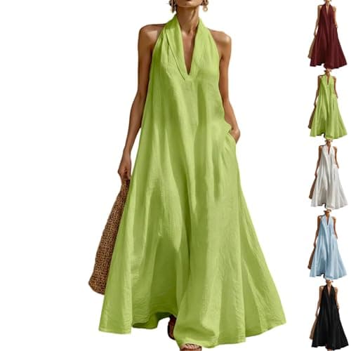 EEZCP 2026 Summer Women's Minimalist and Elegant Maxi Dress Casual Solid Color Deep V-Neck Halter Neck Linen Dress (Large,Green)
