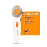Fiskars 45mm Rotary Cutter for Fabric, Premium Steel Stick Fabric Cutter Cuts Through Multiple Layers, Right and Left Handed, Easy and Safe Blade Change, Arts and Crafts, Sewing and Quilting Tools