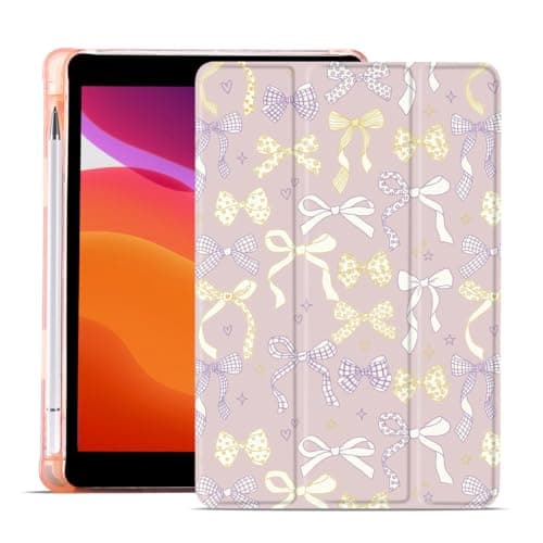 MAYCARI Striped Checkered Bow Case for iPad 10.2 inch,Cute Tablet Cover for iPad 9th/8th/7th Generation 2021/2020/2019 with Pencil Holder+Auto Sleep/Wake+Trifold Stand,Pink Leather Soft TPU Back Shell