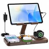30W Charging Station for Apple Products,Foldable Wireless Charger with Clock Display&7 Color Light,Wired Charging for iPad/Tablet Charging Station for iPhone17, for Apple Watch11for AirPods4(Woodgrain