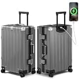 Krute Checked Aluminum Frame Suitcase 24 Inch Zipperless Luggages Hardside PC Luggage With Spinner Wheels TSA Lock USB Charger Suitcases(1 Piece)