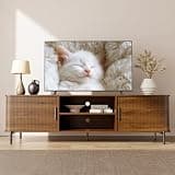 SUNCOZE 70" Mid-Century Fluted TV Stand with Storage, Modern Entertainment Centerfor TVs up to 80 Inch with Sliding Tambour Doors & Open Shelves, Media Console for Living Room or Bedroom (Walnut)