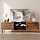SUNCOZE 70" Mid-Century Fluted TV Stand with Storage, Modern Entertainment Centerfor TVs up to 80 Inch with Sliding Tambour Doors & Open Shelves, Media Console for Living Room or Bedroom (Walnut)