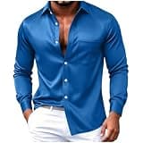 Lmdudan Men's Satin Button Down Shirt Long Sleeve Collared Slim Fit Dress Shirts Winter Party Business Outfits with Pocket Sky Blue