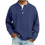 Men's Denim Henley Neck Sweatshirt Long Sleeve Button Jean Pullover Tops