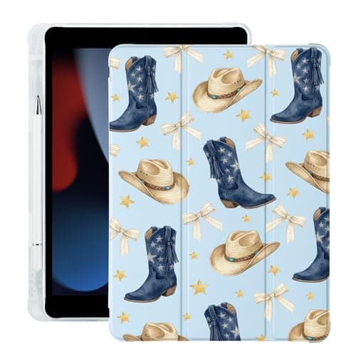 BlHMCASE Bow Cowboy Boots Hat for iPad 5th/6th Generation Case with Pencil Holder, Auto Sleep/Wake, Blue Leather Soft TPU Back Cover for iPad 9.7 Inch