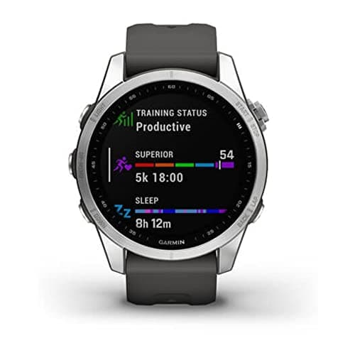 Garmin Fenix 7S, Smaller Sized Adventure smartwatch, Rugged Outdoor Watch with GPS, Touchscreen, Health and Wellness Features, Silver with Graphite Band