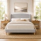 Kelway Queen Bed Frame Bouclé Upholstered Platform Bed with Curved Headboard, Modern Teddy Fabric Queen Bed, No Box Spring Needed (Light Grey, Queen (U.S. Standard))