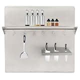 GQWQNIO 29.5x29.5In Range Backsplash with Shelf,Stainless Steel Backsplash Silver Splash Plate with Built-in Storage Shelf and Hanging Rack