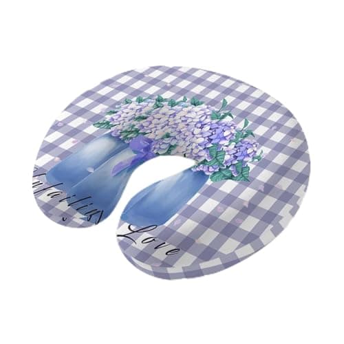ZRNLTDGHK Neck Pillow Hydrangea Flower in Glass Vase Travel Pillow Memory Foam U Shaped Pillows, Purple White Buffalo Plaid Travel Neck Pillows for Airplane Car Office Home Sleeping Rest