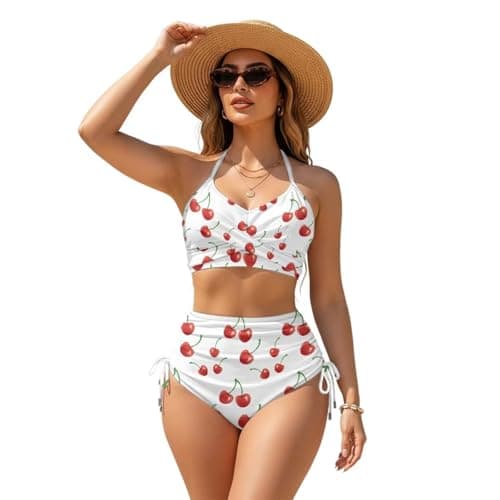 Uppodwarkid White and red Cherry Bathing Suit for Women Push Up 2 Piece Womens Bikini Sets High Waisted Two Piece Swim Suits Adjustable Straps Teens Swimsuit Halter Plus Size S Swimwear 2026