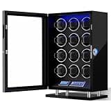 DUKWIN Watch Winder for 12 Automatic Watches, Fingerprint Lock Watch Winders with LCD Touchscreen, Blue LED Light, Remote Control,Adjustable Pillow and Quiet Motor for Universal Watches, 5TPD