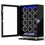 DUKWIN Watch Winder for 12 Automatic Watches, Fingerprint Lock Watch Winders with LCD Touchscreen, Blue LED Light, Remote Control,Adjustable Pillow and Quiet Motor for Universal Watches, 5TPD