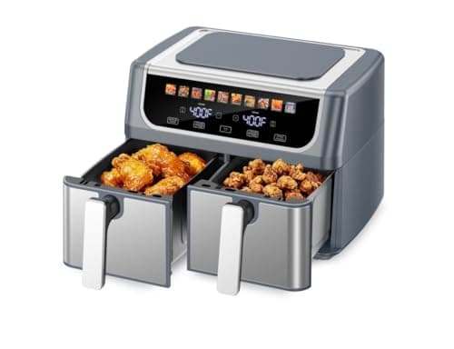Dual Basket Air Fryer, 10-in-1 Functions, Digital Touch Panel, Sync Finish, Shake Reminder, 80-450°F Temperature Range