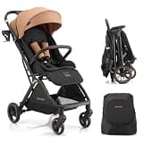 Gromast Gravity Folding Baby Stroller - Portable Travel Toddler Stroller w/Adjustable Backrest, Canopy & Cup Holder, Lightweight and UV Protected, One-Hand Automatic Folding - Khaki