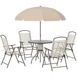 Hassyee 6 Pieces Patio Dining Set with Umbrella and Folding Dining Chairs for Poolside, Backyard, Outdoor Steel Furniture Set with Round Glass Table for Lawn, Balcony