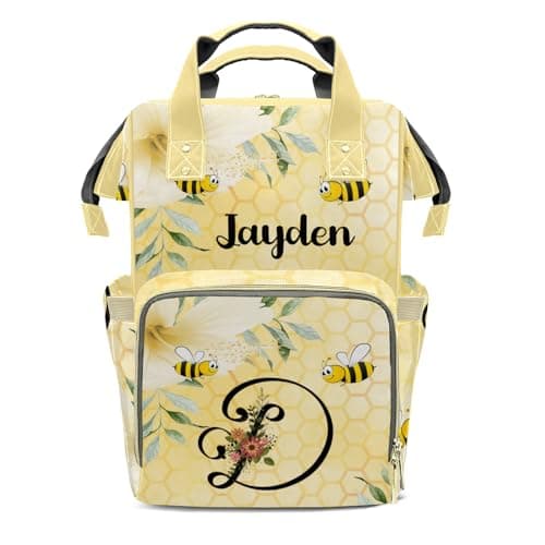 EasyeeUMe Bees Honeycomb Florals Monogram Personalized Large Capacity Diaper Bags,Custom Name Backpack Casual Daypack Bag Nappy Bag Gifts